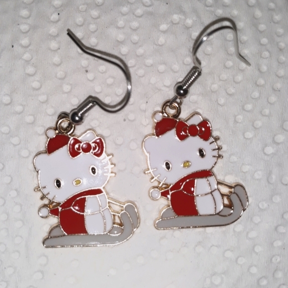 Hello Kitty Winter Holiday Dangle Earrings Red GraySled Gold Enamel Earw… - Picture 1 of 7